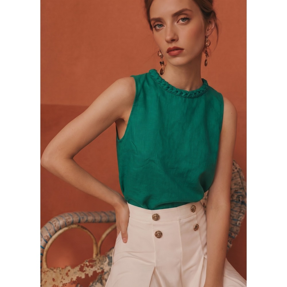 Sezane Green Sleeveless Braided-Neck Top